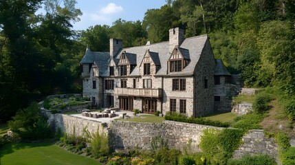 Obraz premium Medieval manor house with stone walls and wide moat