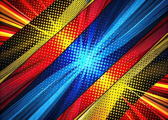 Abstract Comic Book-Style Night Photography with Bold Stripes and Dots in Red, Blue, Yellow, and Black for Dynamic Visuals