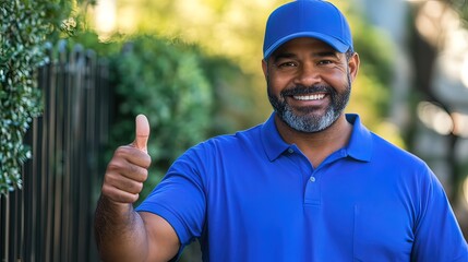 A smiling middle-aged man with a beard in a blue polo shirt and cap gives a thumbs-up.