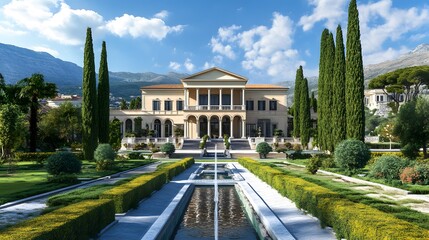 Naklejka premium Neoclassical palace with symmetrical design and manicured gardens