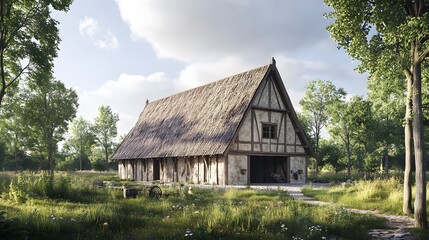 Obraz premium Old English barn-style home with sloping roof and timber beams