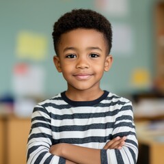 Fototapeta premium A confident young boy with curly hair smiles, wearing a striped shirt, standing in a classroom with a warm atmosphere.