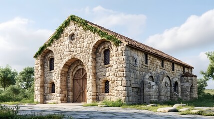 Fototapeta premium Romanesque church with thick stone walls and rounded arches