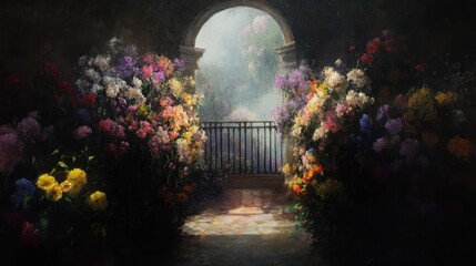 Oil painting of arched flower stand with mottled light in Rococo style