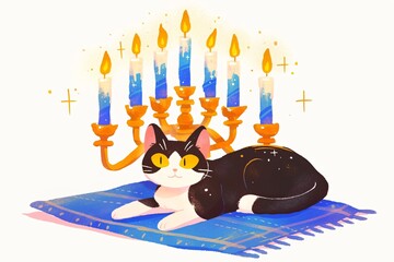 Cute and funny cat with Torah book and burning candles for celebrating Hanukkah isolated on white background. Jewish holidays, Yom Kippur, Rosh Hashanah, Passover, Shavuot
