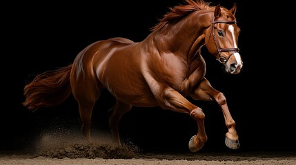 Fototapeta premium Powerful brown horse in full gallop on black background, kicking up dust.