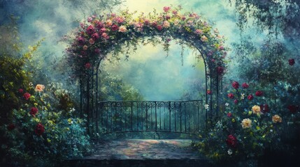 Oil painting of arched flower stand with mottled light in Rococo style