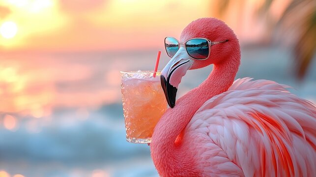 A vibrant flamingo wearing sunglasses holds a tropical drink by the beach at sunset.