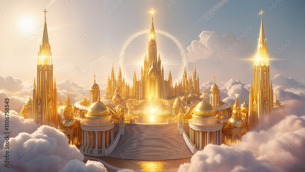 Poster heaven golden city above the clouds created using ai generative technology