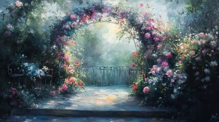 Oil painting of arched flower stand with mottled light in Rococo style