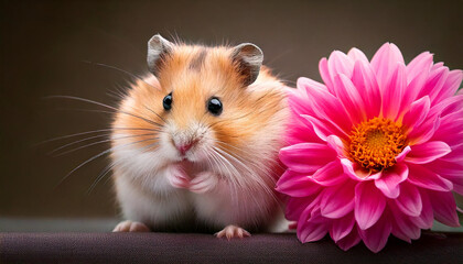 Fototapeta premium Adorable Hamster with a Pink Dahlia Blossom