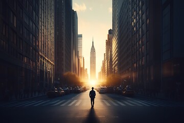 Man Walks Towards Sunrise In City Street