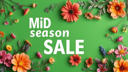 Vibrant Mid Season Sale Banner: Perfect for Promoting Online Sales and Attracting Customers with Colorful Flowers on a Green Background