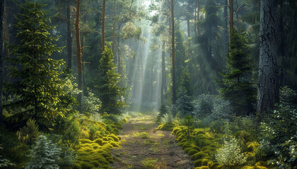 An enchanting Scandinavian forest path surrounded by dense foliage, tall coniferous trees, and thick moss, with soft rays of sunlight breaking through the canopy.