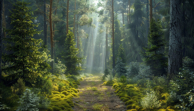 An enchanting Scandinavian forest path surrounded by dense foliage, tall coniferous trees, and thick moss, with soft rays of sunlight breaking through the canopy.