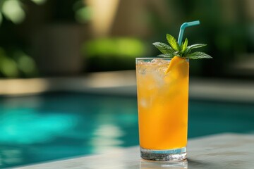 A soft focus shot of a tropical cocktail on a poolside table, sparkling water and palm trees faintly visible, warm midday light, relaxed and refreshing. 
