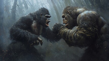 Naklejka premium Two massive gorillas clash in a misty jungle.