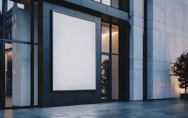 Blank billboard on a modern building exterior at dusk. Perfect for your advertisement!