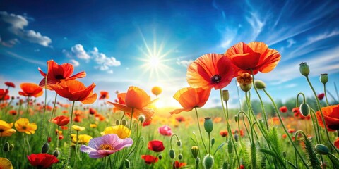 Fototapeta premium Beautiful Floral Spring Background with Poppy Flower Heads in Green Meadow and Blue Sky - Ideal for Product Photography and Seasonal Promotions