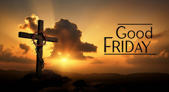 A moving depiction of Good Friday featuring a wooden cross silhouetted against a vibrant sunrise, symbolizing hope and salvation in Christianity