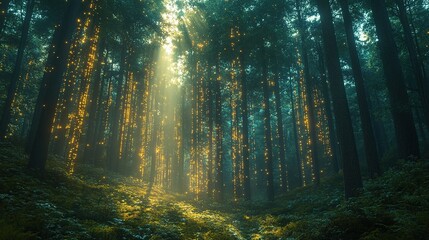 Fototapeta premium Enchanted forest with ethereal light beams and glowing elements amidst lush greenery.