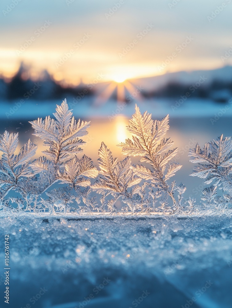 Poster morning serenity frost patterns on window with snowy landscape