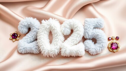 Celebrate the New Year 2025 with Elegance: White Fur Scrunchies and Sparkling Jewelry on a Luxurious Pink Silk Background