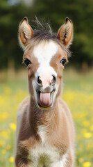 Obraz premium Young foal playfully sticks out tongue in meadow of yellow wildflowers under clear sky