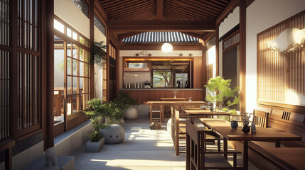 Fototapeta premium Interior of a cafe, Korean traditional-style cafe with authentic interior decor