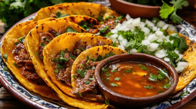 A tempting platter of Mexican birria tacos, slow-cooked beef served in corn tortillas with consomm&eacute; for dipping, Birria tacos platter centered