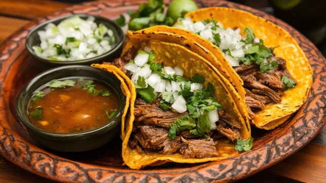 A tempting platter of Mexican birria tacos, slow-cooked beef served in corn tortillas with consomm&eacute; for dipping, Birria tacos platter centered