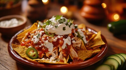 A tempting platter of Mexican chilaquiles, crispy tortilla chips smothered in red salsa, topped with shredded chicken