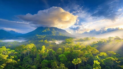 Fototapeta premium Majestic Sunrise Over Lush Forest Nature Landscape Tranquil Environment Aerial View Serenity