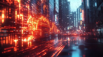 A futuristic city street with glowing digital data projected onto the buildings.