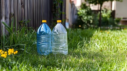 Fototapeta premium Discarded plastic bottles and bags lying on green grass revealing the environmental issue of waste and pollution in natural landscapes