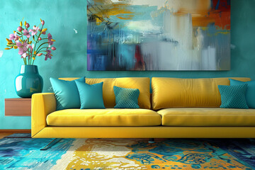  Stylish living room with vibrant decor: yellow sofa, blue vase, and abstract carpet