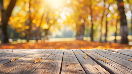Vivid autumn backdrop with wooden flooring in a blurred park.