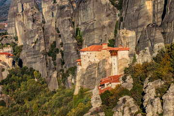 Panoramic view of a monastery in Meteora, Greece