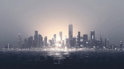 Fototapeta premium A serene city skyline at dusk, reflecting on water, evoking a sense of calm and modernity.