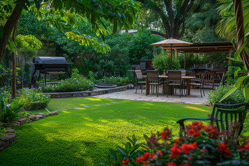  Charming backyard oasis featuring a barbecue area and dining table for outdoor gatherings