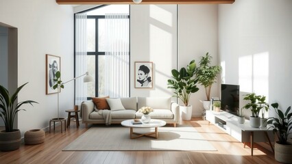 Modern Minimalist Living Room with Natural Light and Greenery Perfect for Relaxation and Entertainment