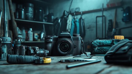 A camera and tools arranged on a workbench in a creative workspace.