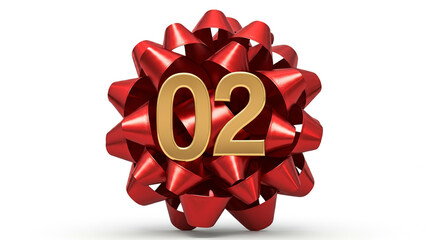 A decorative red ribbon bow with the number "02" in golden font, symbolizing a festive or celebratory theme