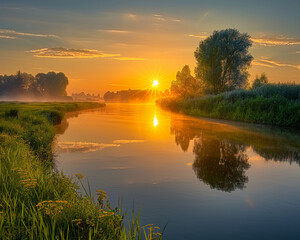 Breathtaking morning river scene, the sun rising over peaceful waters, casting a golden glow on the lush, mist-covered rural surroundings.