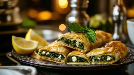 Fototapeta premium A tempting platter of Turkish borek, flaky pastry filled with spinach, feta cheese