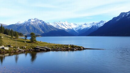 Fototapeta premium Serene Mountain Lake Reflection: Capture the Tranquil Beauty of Snow-Capped Peaks and Calm Blue Waters