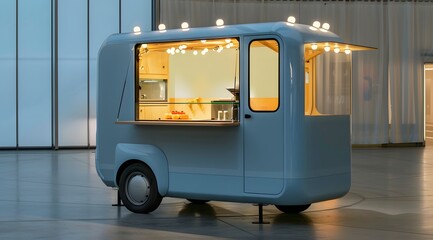 A charming pastel-blue food truck, illuminated warmly, sits invitingly in a modern setting.  Pastries are visible inside.
