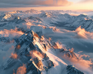 Alpine mountains under a golden-tinted cloud cover, snow-capped ridges and expansive valleys bathed in morning light. - Powered by Adobe