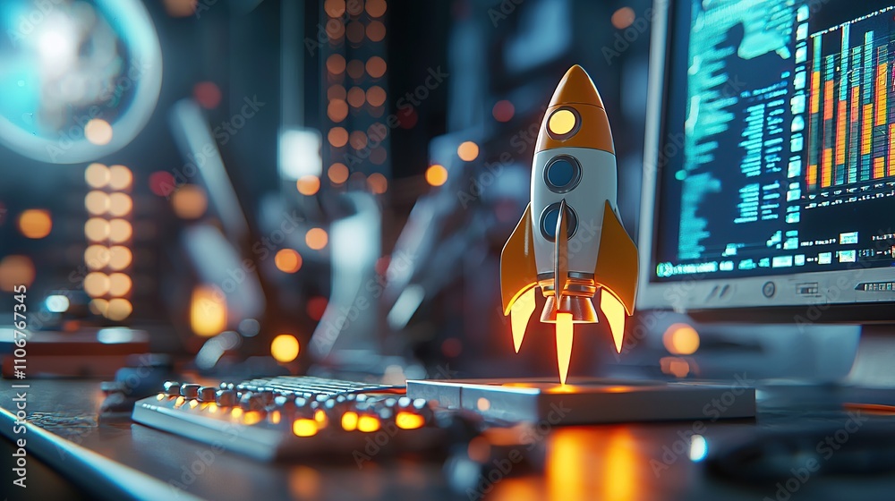 Aufkleber A futuristic workspace featuring a rocket model amidst tech elements and data displays.