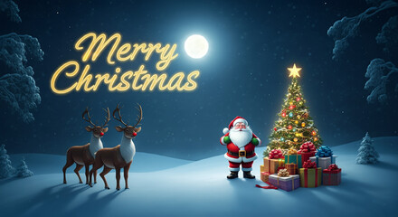 A magical Christmas scene featuring Santa Claus with reindeer, a decorated tree, and glowing "Merry Christmas" text under a full moon in a snowy landscape